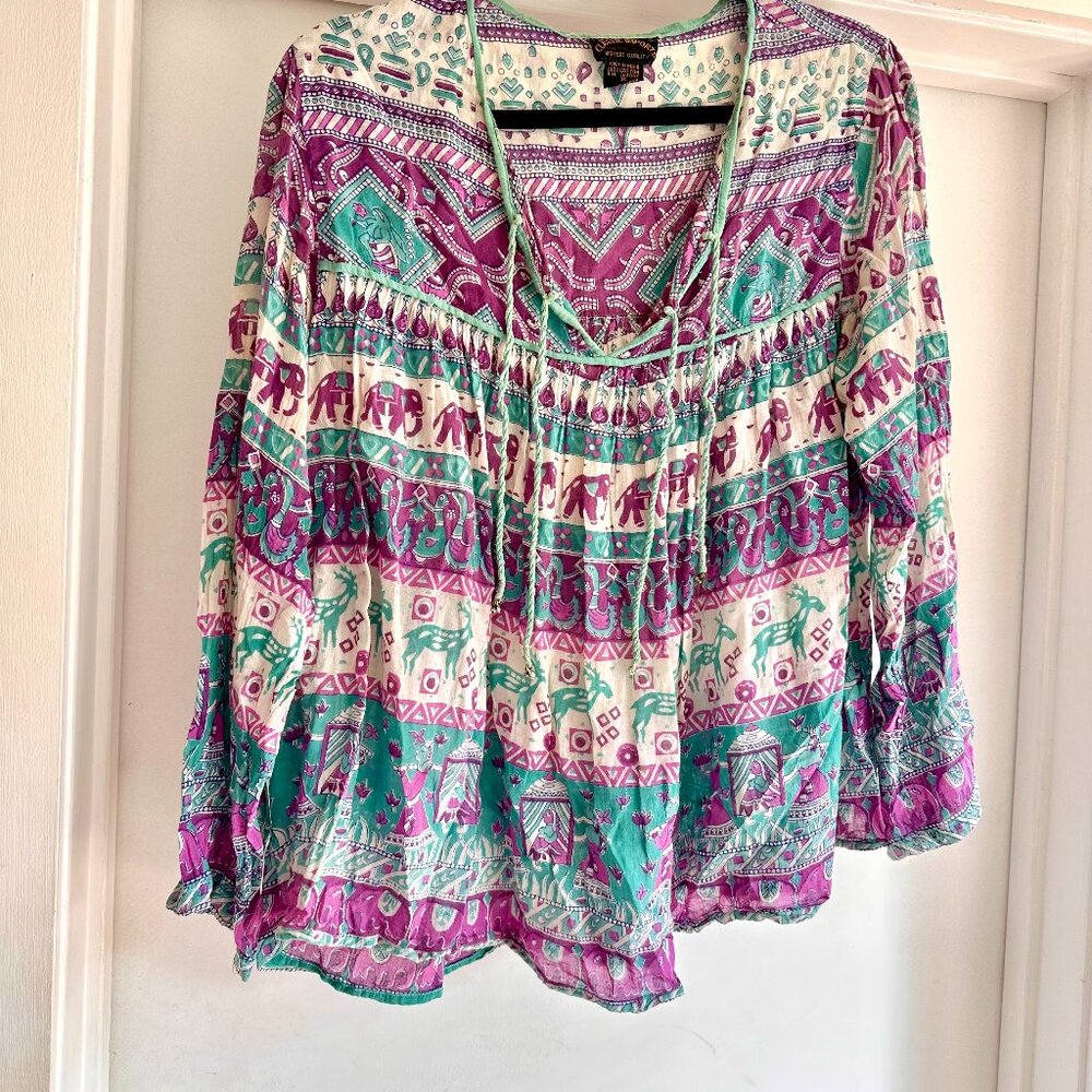 Vintage 70s Indian Cotton Gauze Block Print 100% cotton boho hippie tunic top M